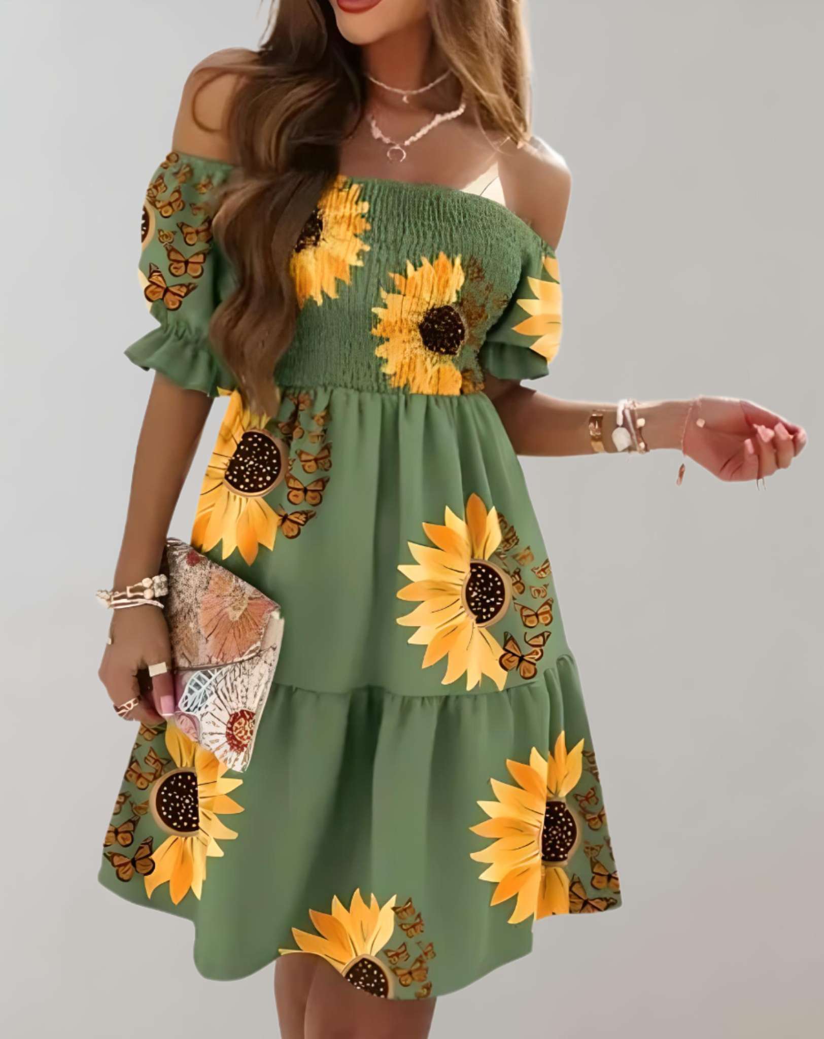 Lanie - Schulterfreies Minikleid mit halblangen Ärmeln und Blumenmuster Kleid