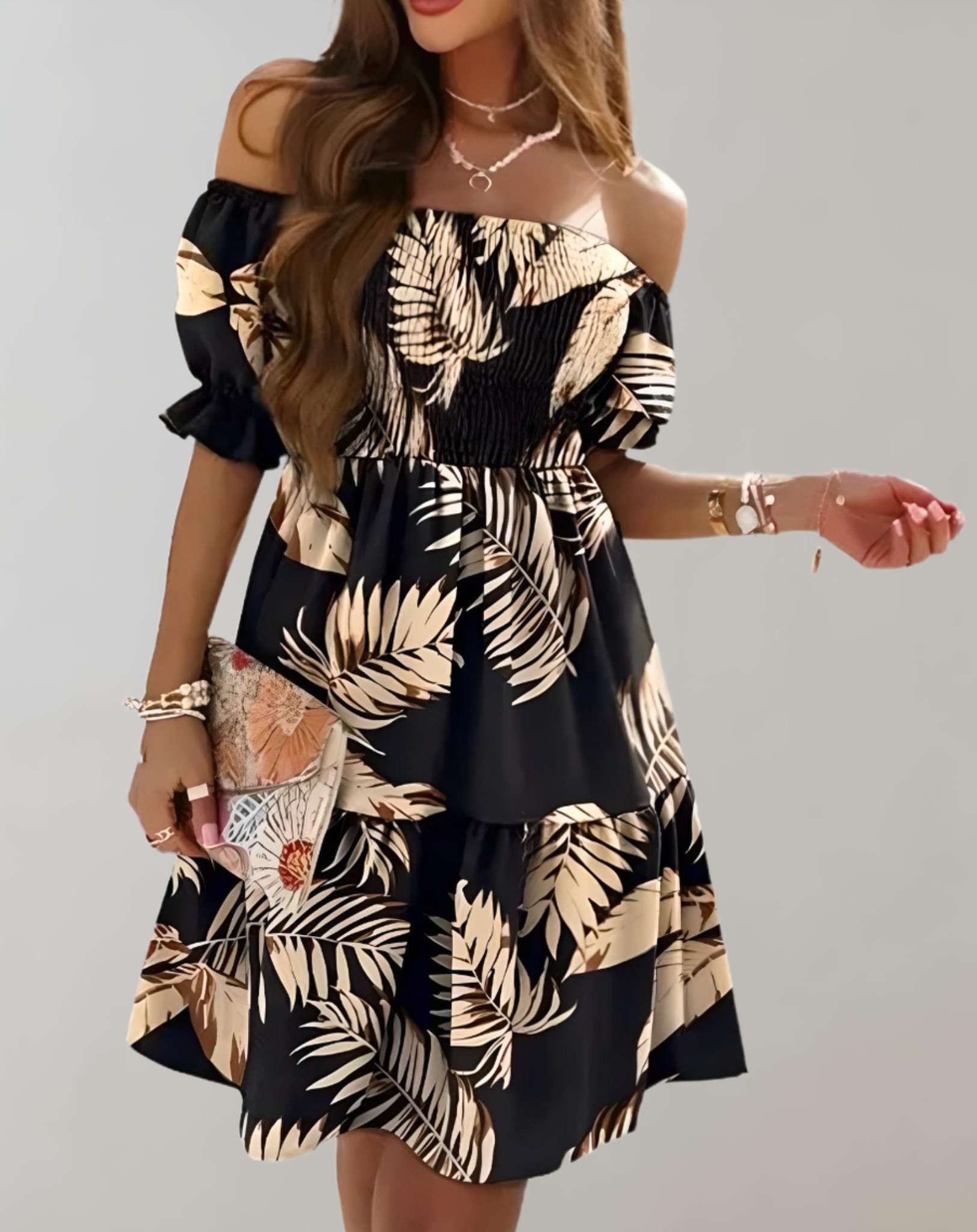 Lanie - Schulterfreies Minikleid mit halblangen Ärmeln und Blumenmuster Kleid