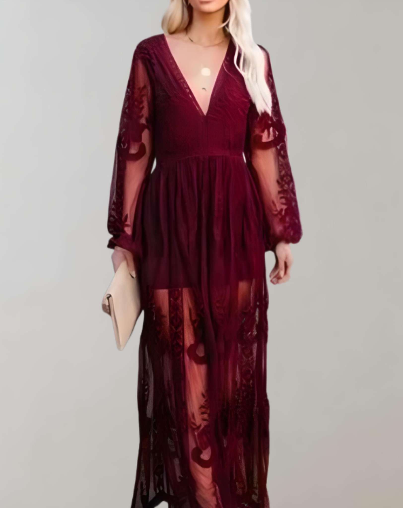 Lexie - Langes Maxikleid mit tiefem V Ausschnitt Stickerei und durchsichtigem Design Kleid