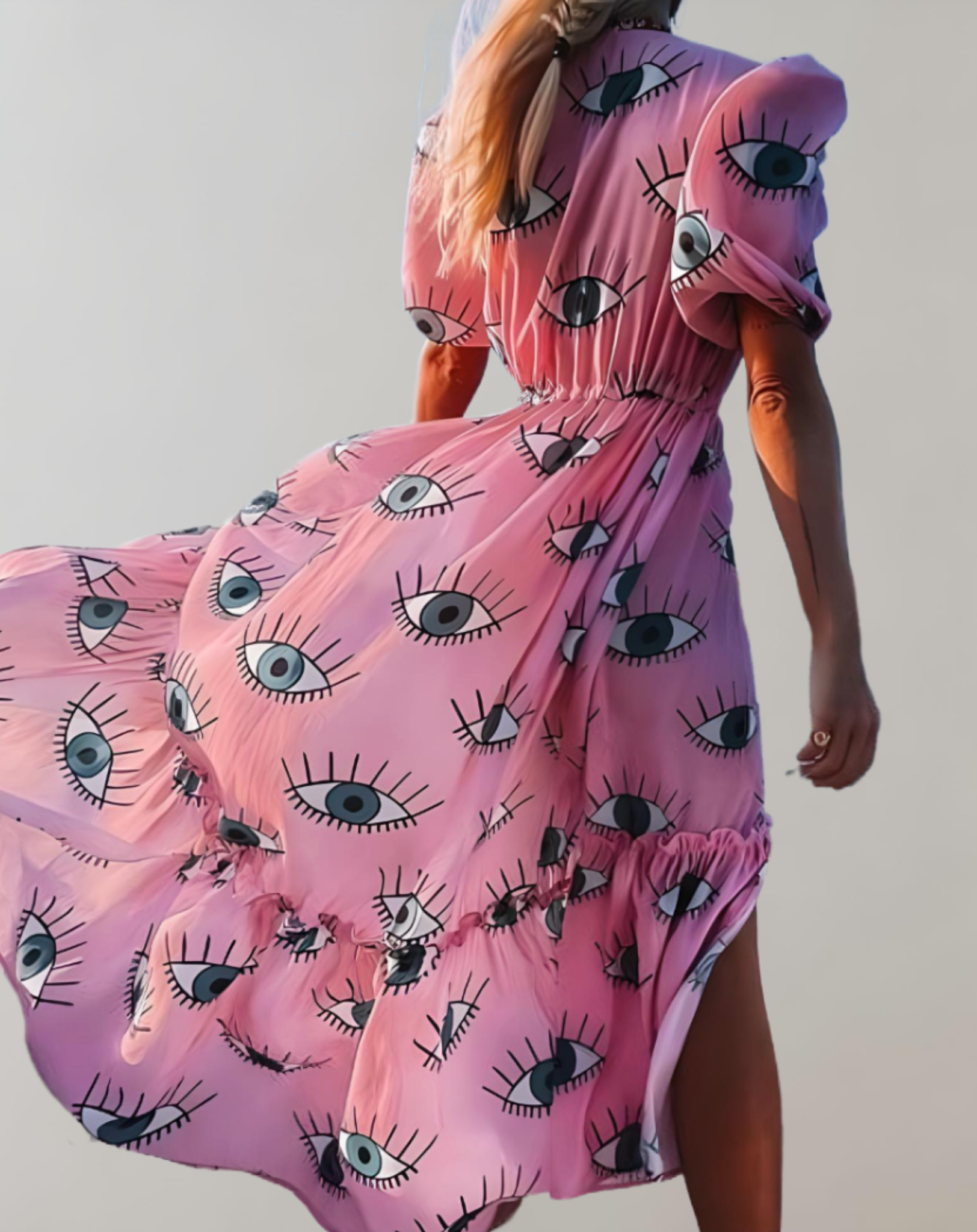 Mari - Rosafarbenes Kleid mit tiefem V Ausschnitt hohem Schlitz und Augen Print Kleid