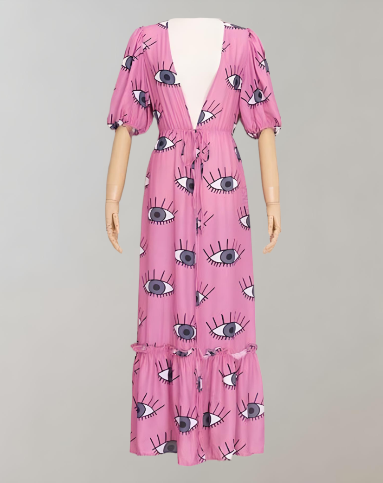 Mari - Rosafarbenes Kleid mit tiefem V Ausschnitt hohem Schlitz und Augen Print Kleid