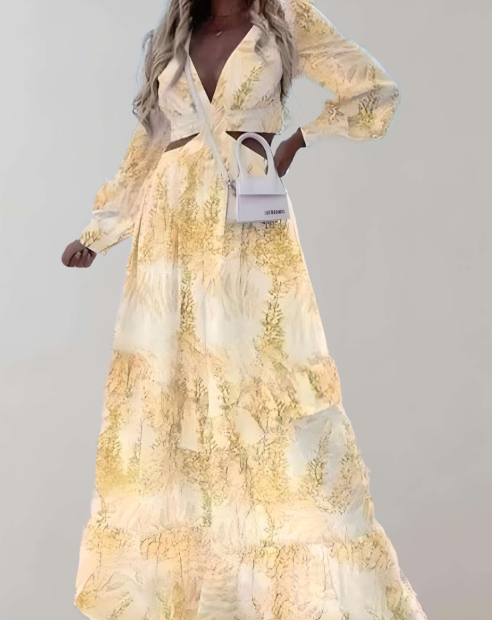 Maxine -  Langes Kleid mit tiefem V Ausschnitt und langen Ärmeln mit Aufdruck Kleid