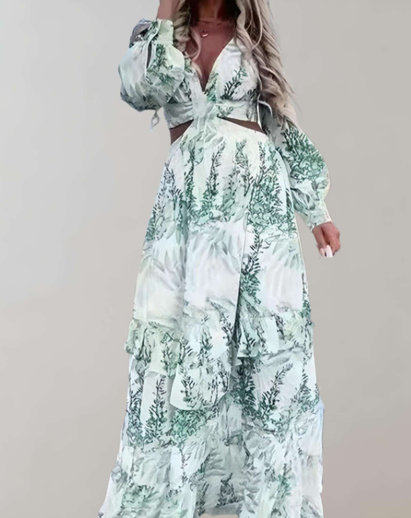 Maxine -  Langes Kleid mit tiefem V Ausschnitt und langen Ärmeln mit Aufdruck Kleid