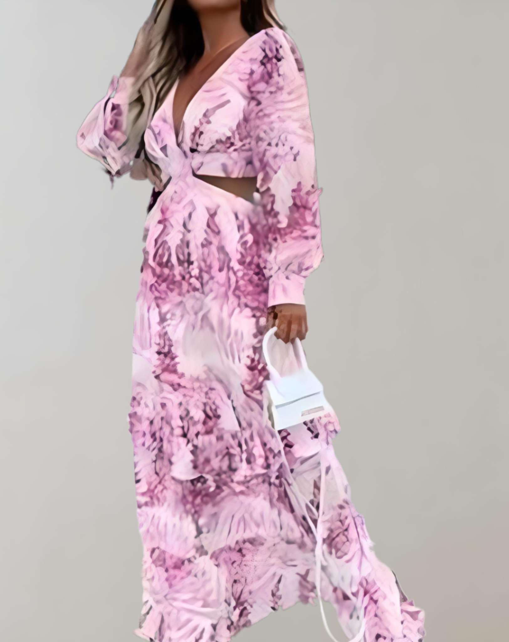 Maxine -  Langes Kleid mit tiefem V Ausschnitt und langen Ärmeln mit Aufdruck Kleid