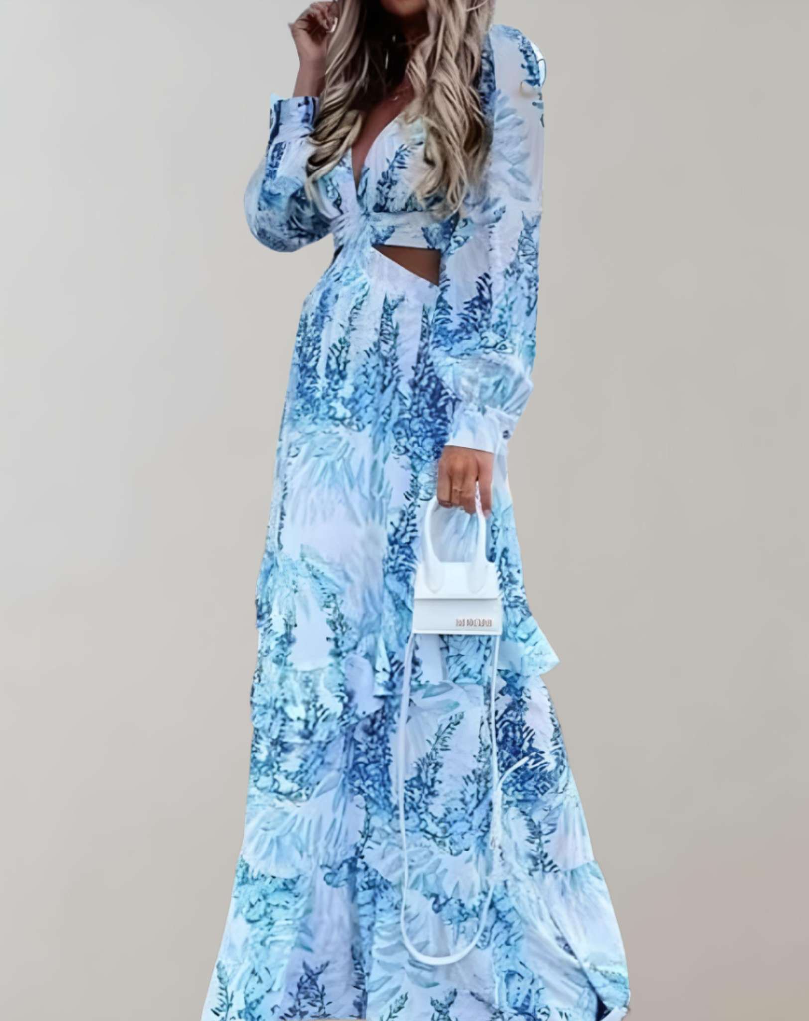 Maxine -  Langes Kleid mit tiefem V Ausschnitt und langen Ärmeln mit Aufdruck Kleid