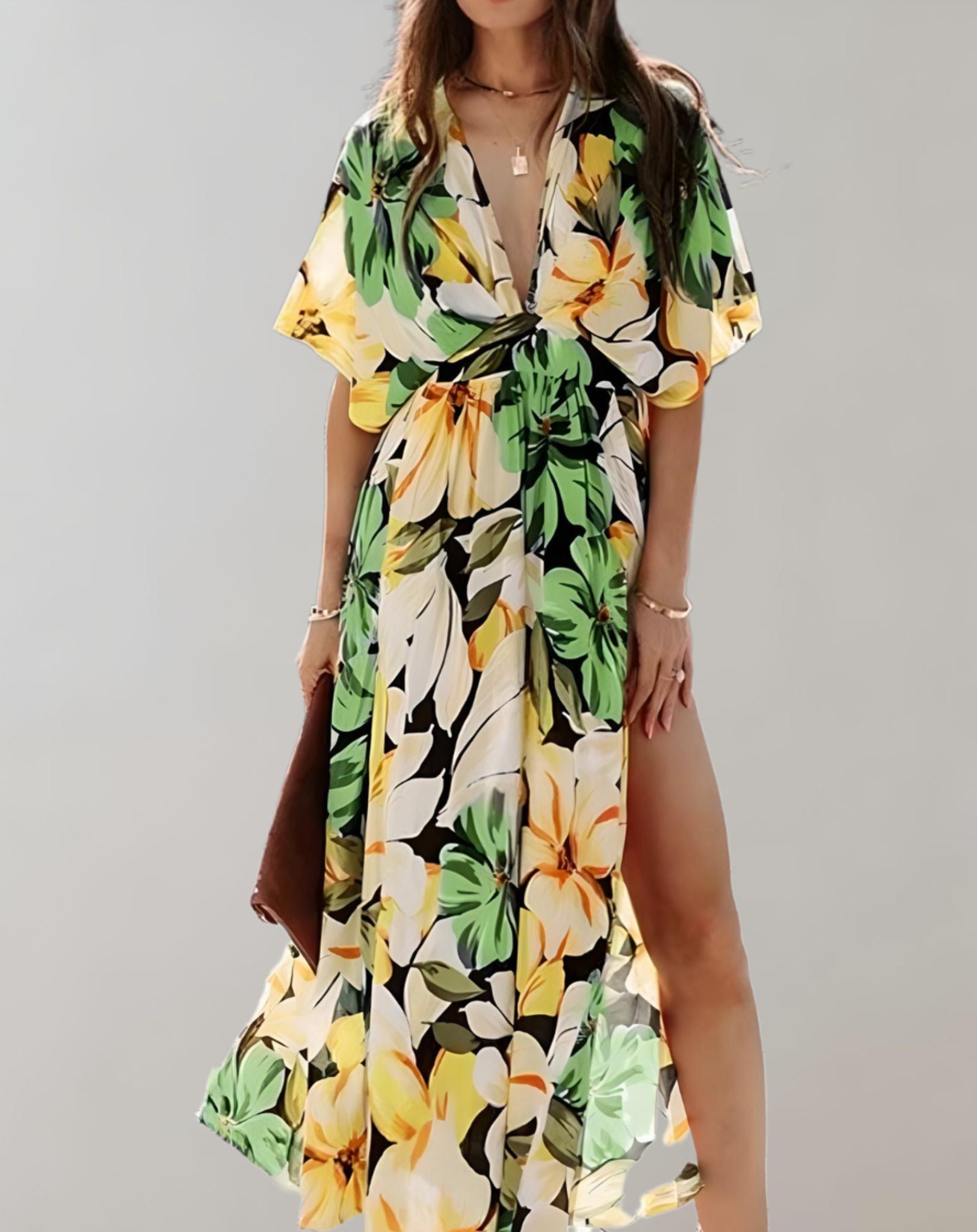 Nathalia- Langes Kleid mit hohem Schlitz aus fließendem Stoff und sommerlichem Design Kleid