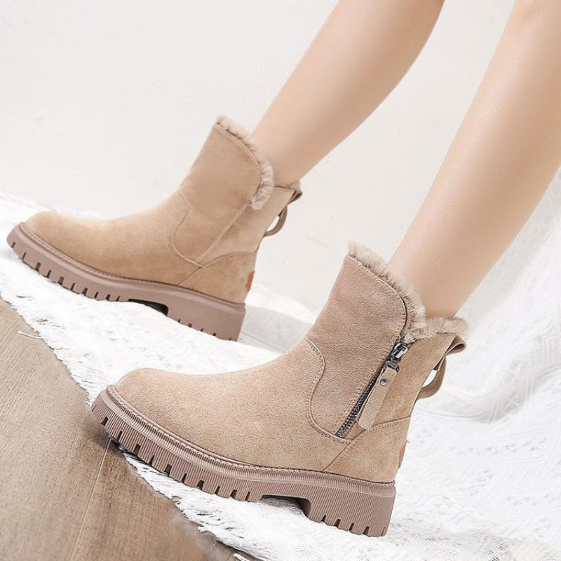 Damen Winter Stiefeletten mit Warmfutter – Bequeme rutschfeste Boots aus Wildleder in Beige