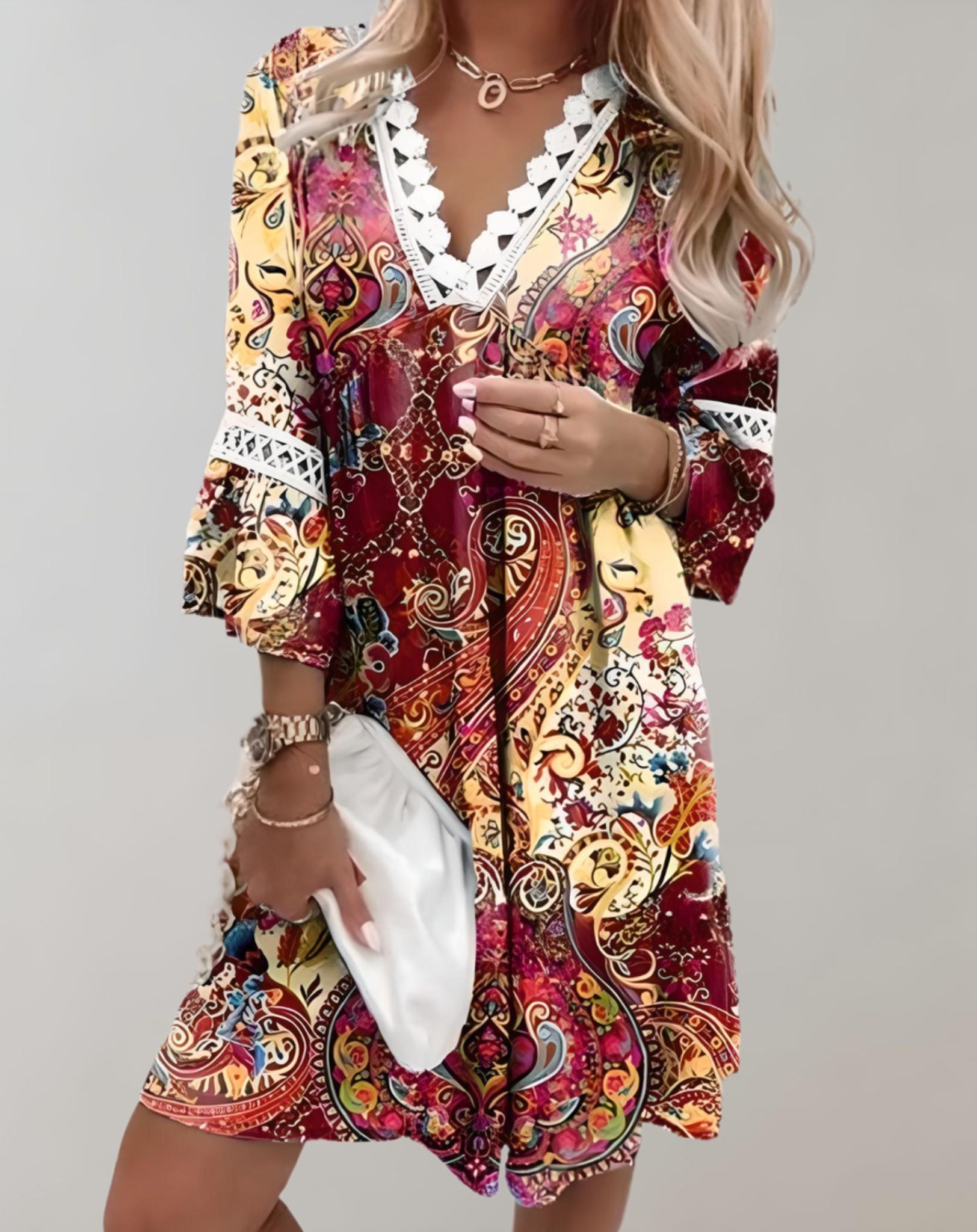 Sophie - Minikleid mit tiefem V Ausschnitt weiten langen Ärmeln und zufälligem Design Kleid