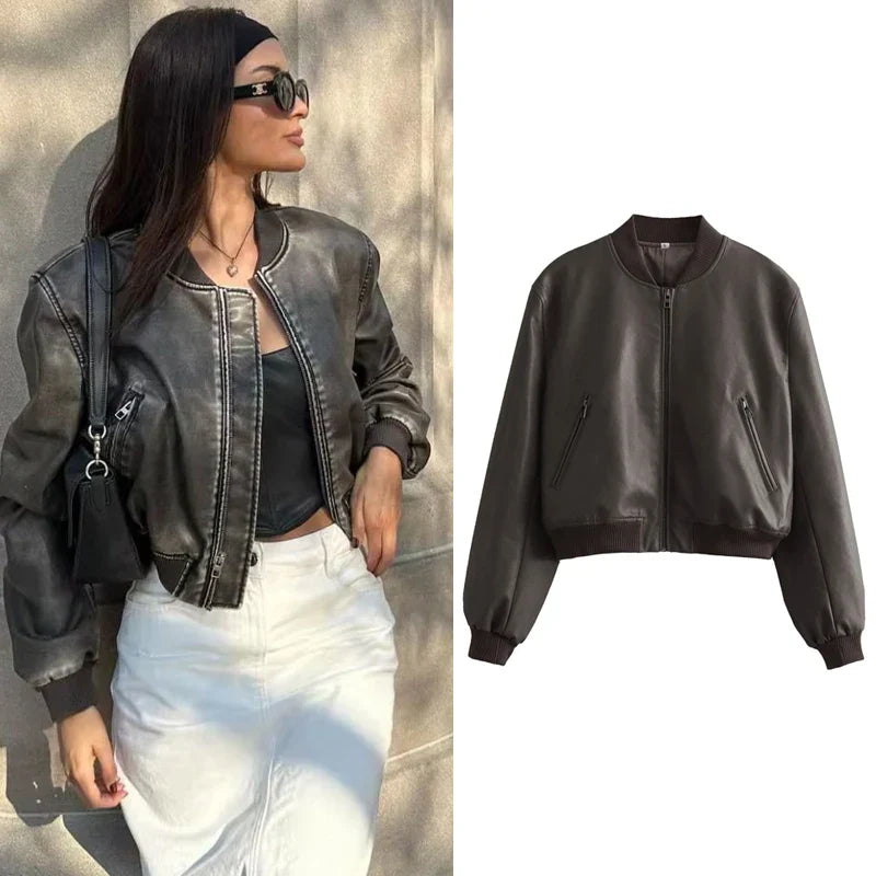 WOLFF - Damen Bomberjacke aus PU-Leder im Vintage-Stil mit Stehkragen und praktischem Frontreißverschluss
