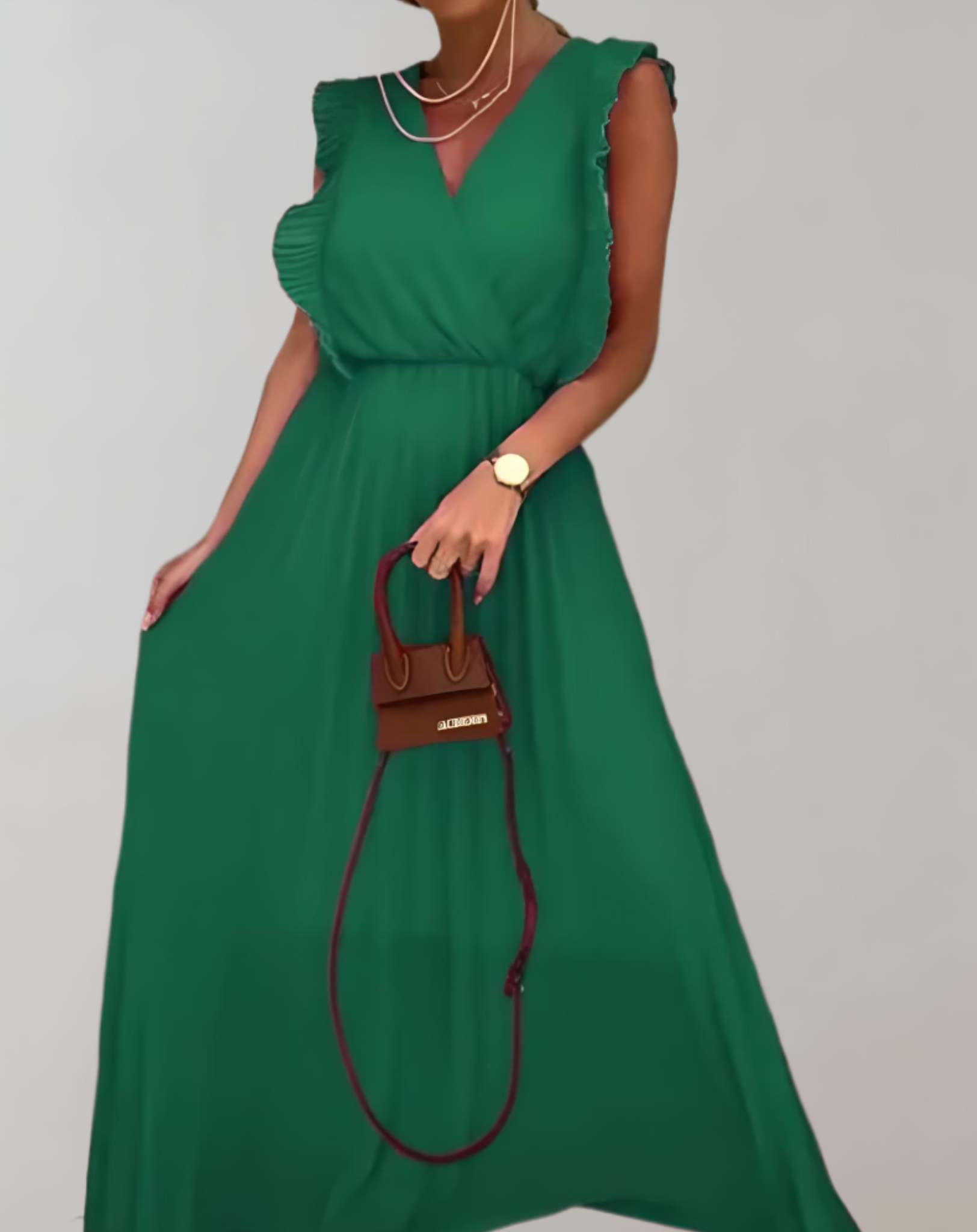 Terry- Langes Kleid mit tiefem V Ausschnitt und gerüschten offenen Ärmeln Kleid