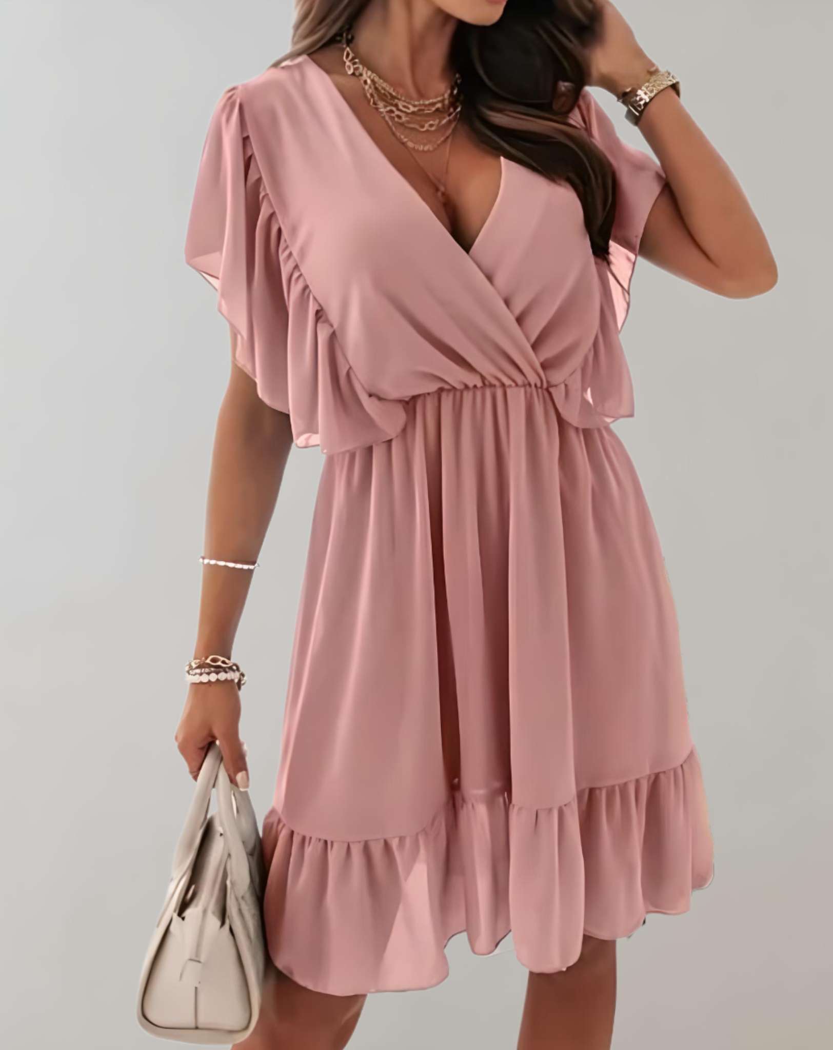 Terry- Langes Kleid mit tiefem V Ausschnitt und gerüschten offenen Ärmeln Kleid