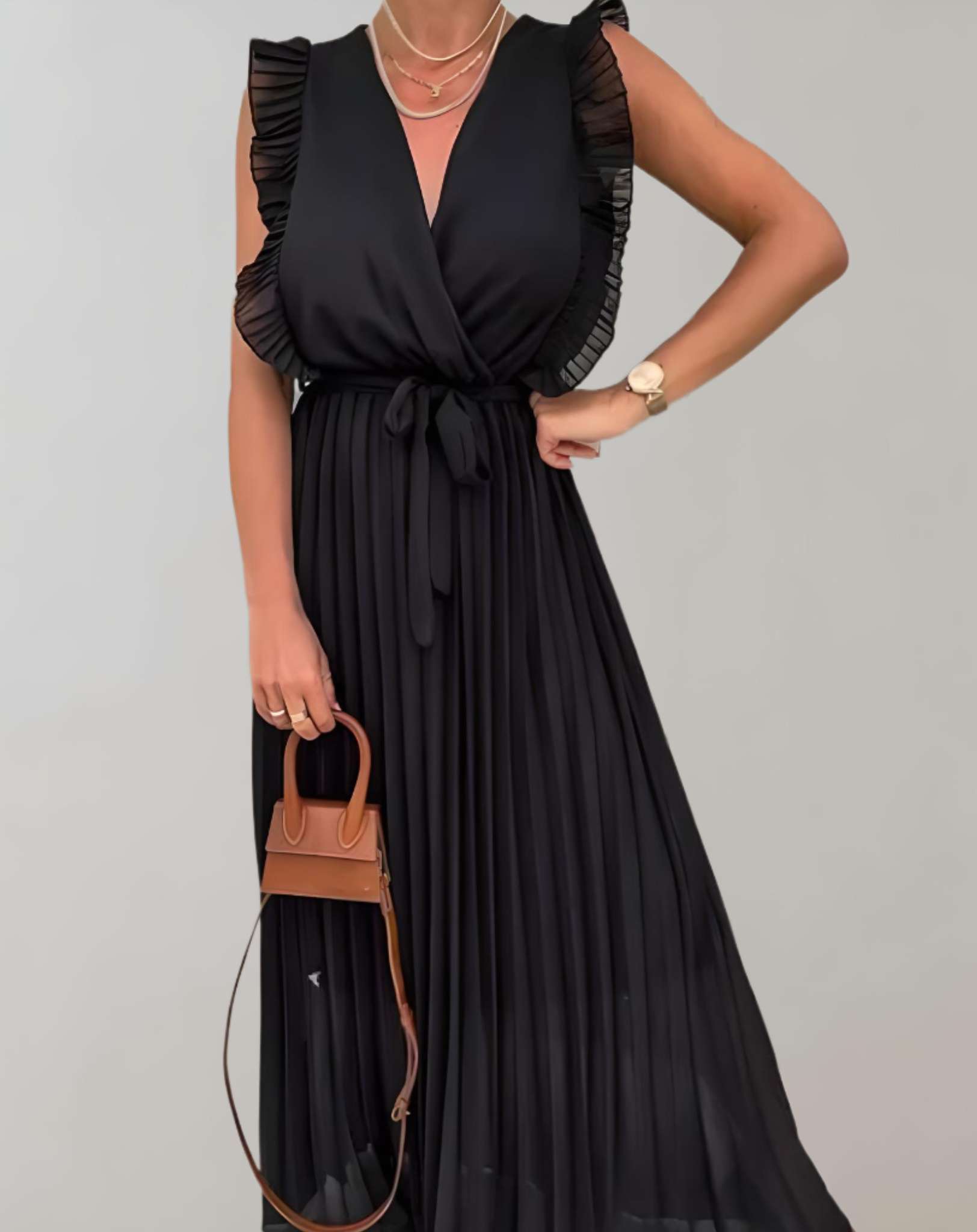 Terry- Langes Kleid mit tiefem V Ausschnitt und gerüschten offenen Ärmeln Kleid