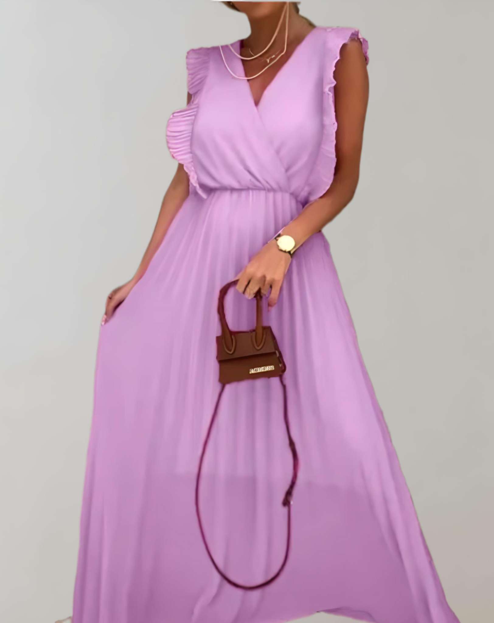 Terry- Langes Kleid mit tiefem V Ausschnitt und gerüschten offenen Ärmeln Kleid
