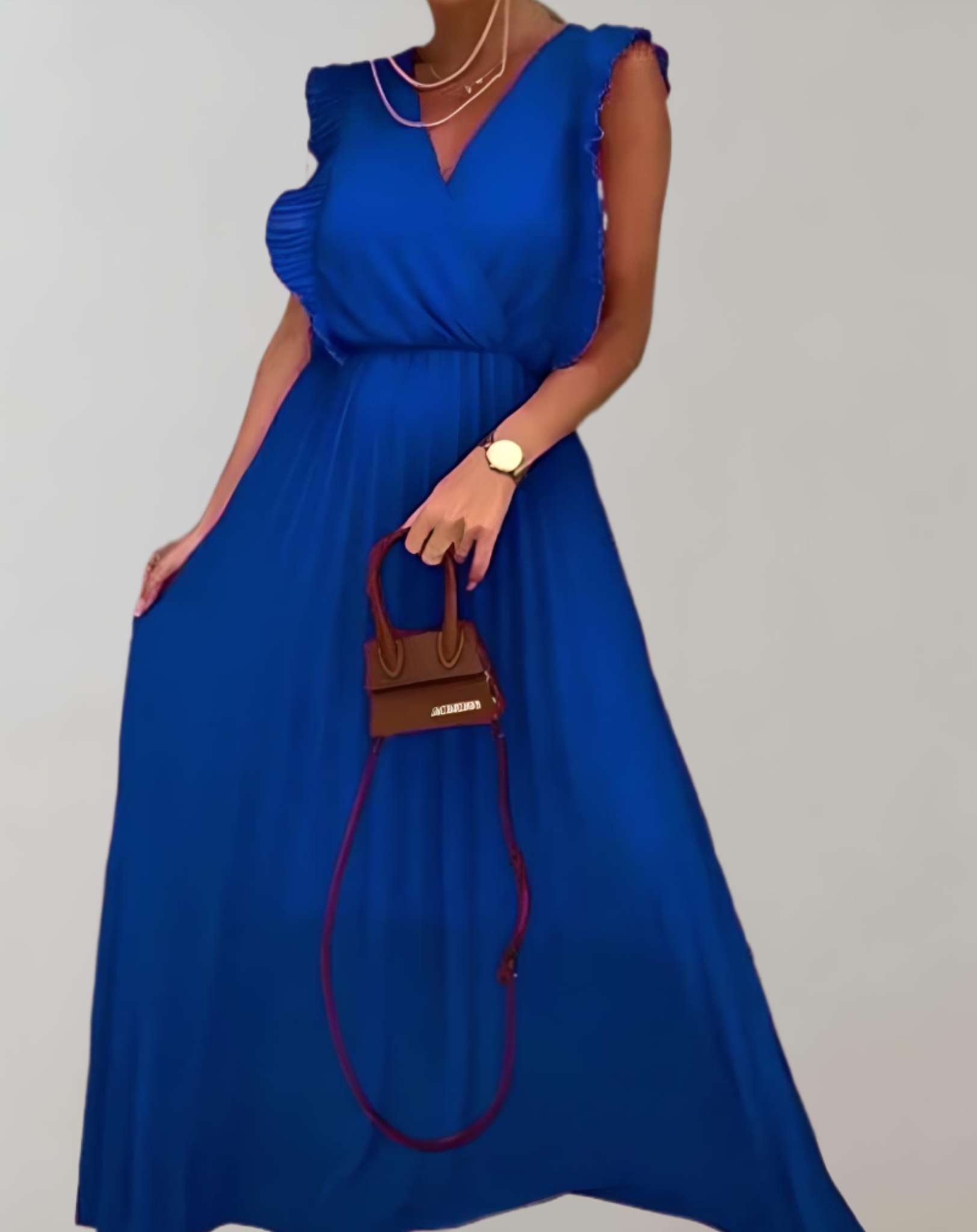 Terry- Langes Kleid mit tiefem V Ausschnitt und gerüschten offenen Ärmeln Kleid