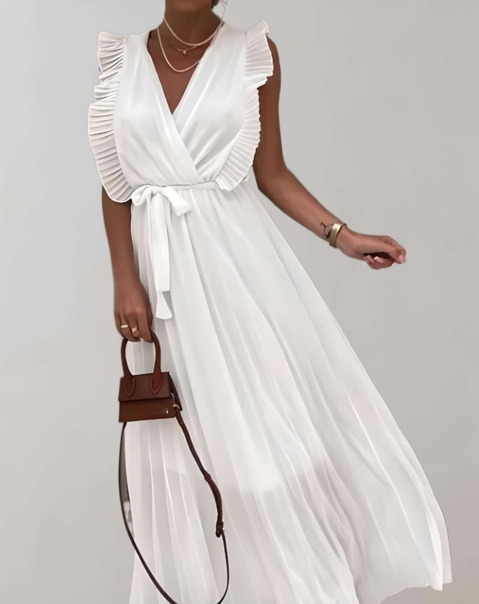 Terry- Langes Kleid mit tiefem V Ausschnitt und gerüschten offenen Ärmeln Kleid
