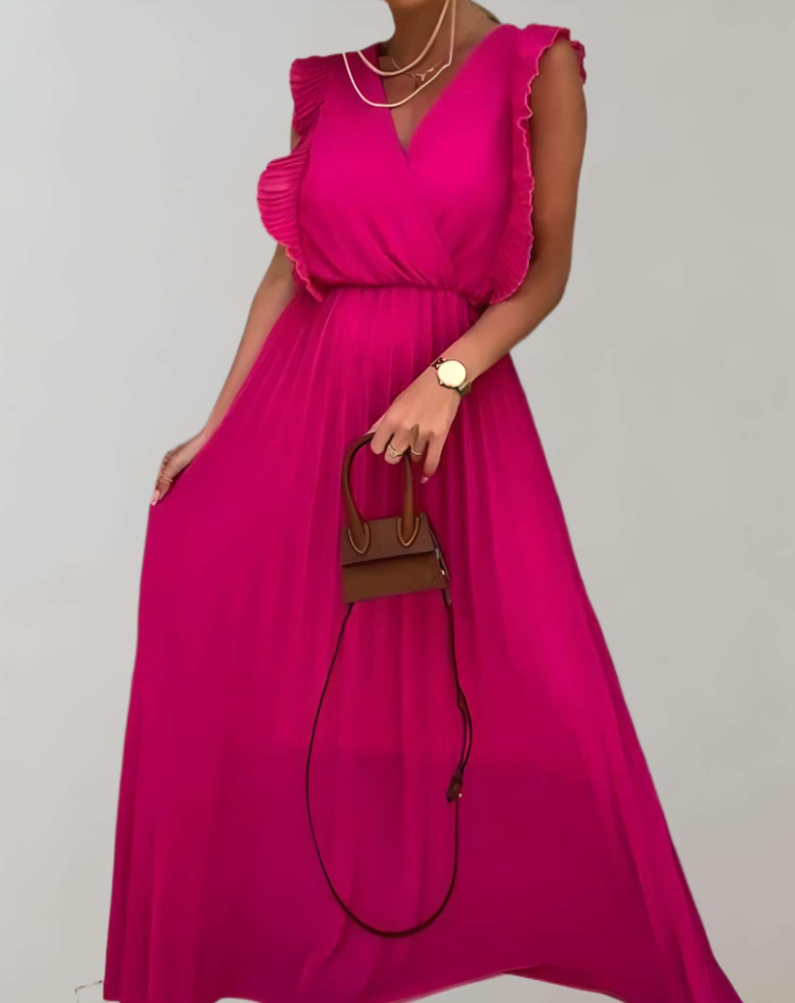 Terry- Langes Kleid mit tiefem V Ausschnitt und gerüschten offenen Ärmeln Kleid