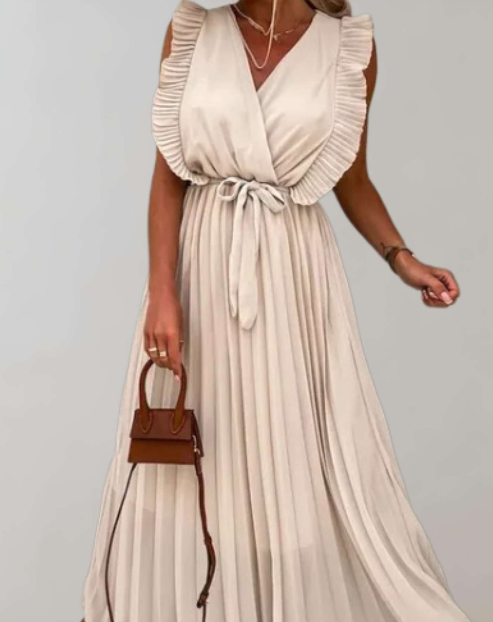 Terry- Langes Kleid mit tiefem V Ausschnitt und gerüschten offenen Ärmeln Kleid