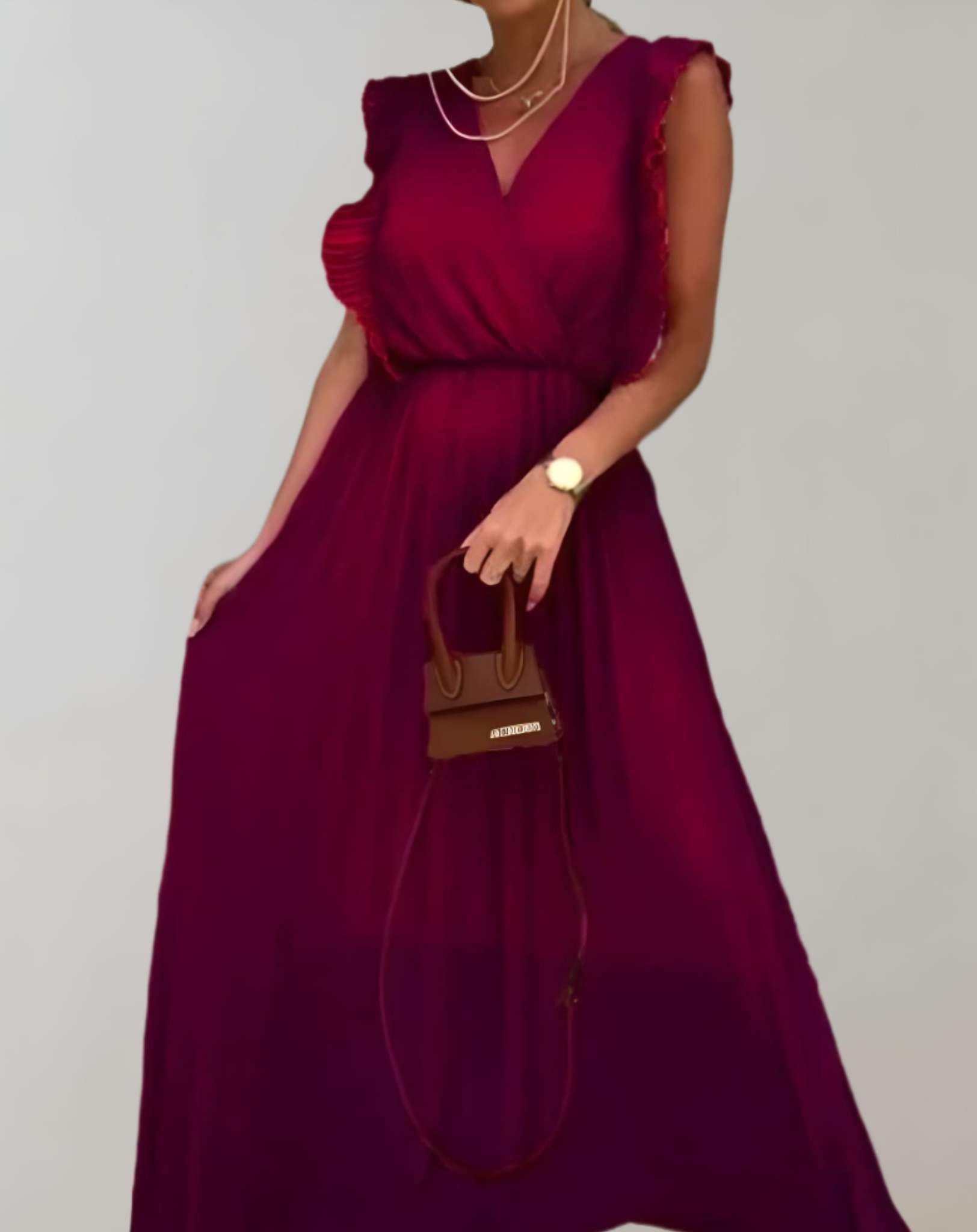 Terry- Langes Kleid mit tiefem V Ausschnitt und gerüschten offenen Ärmeln Kleid