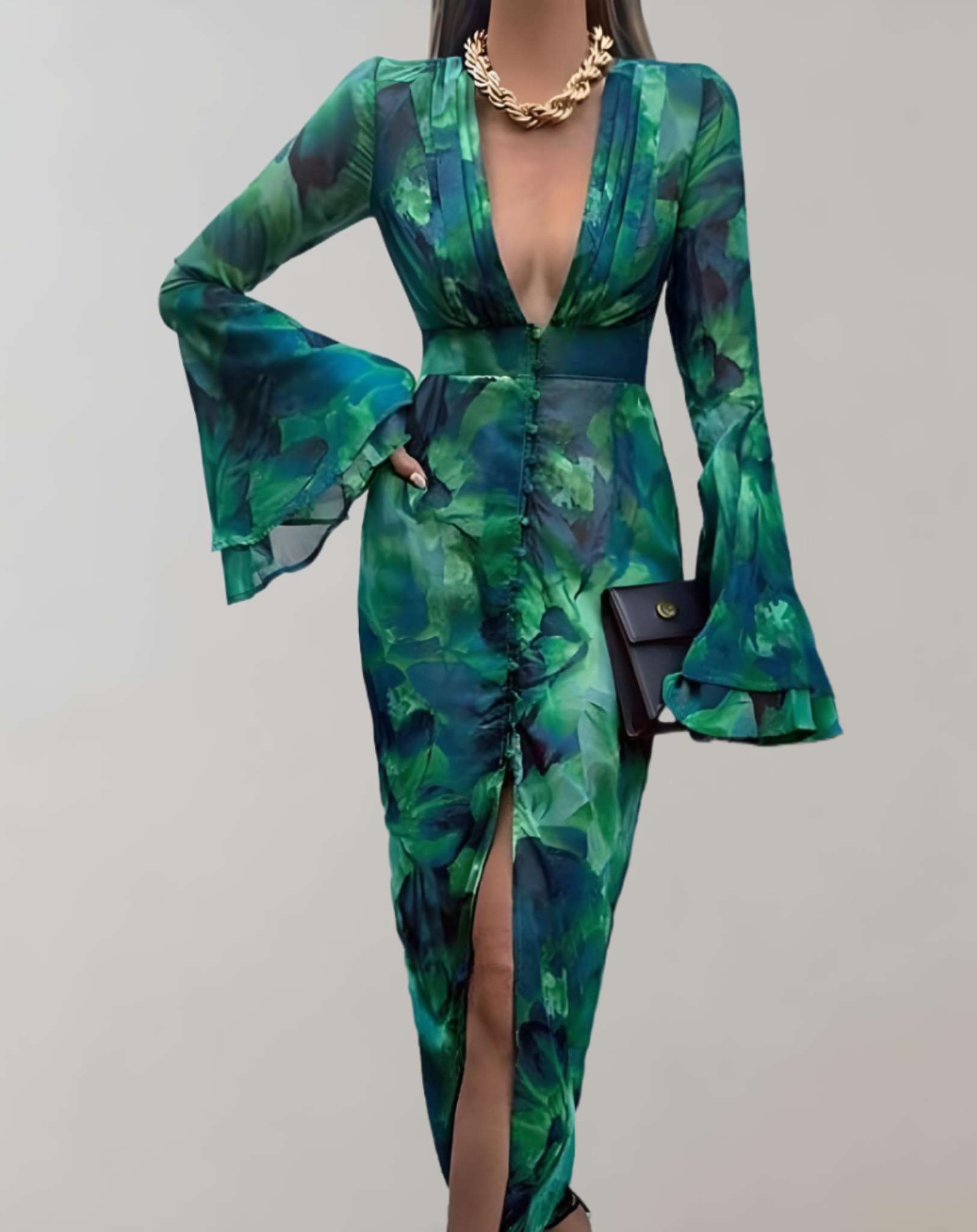 Vilma - Kleid mit tiefem V Ausschnitt Rüschen und Batikmuster und langen Ärmeln Kleid