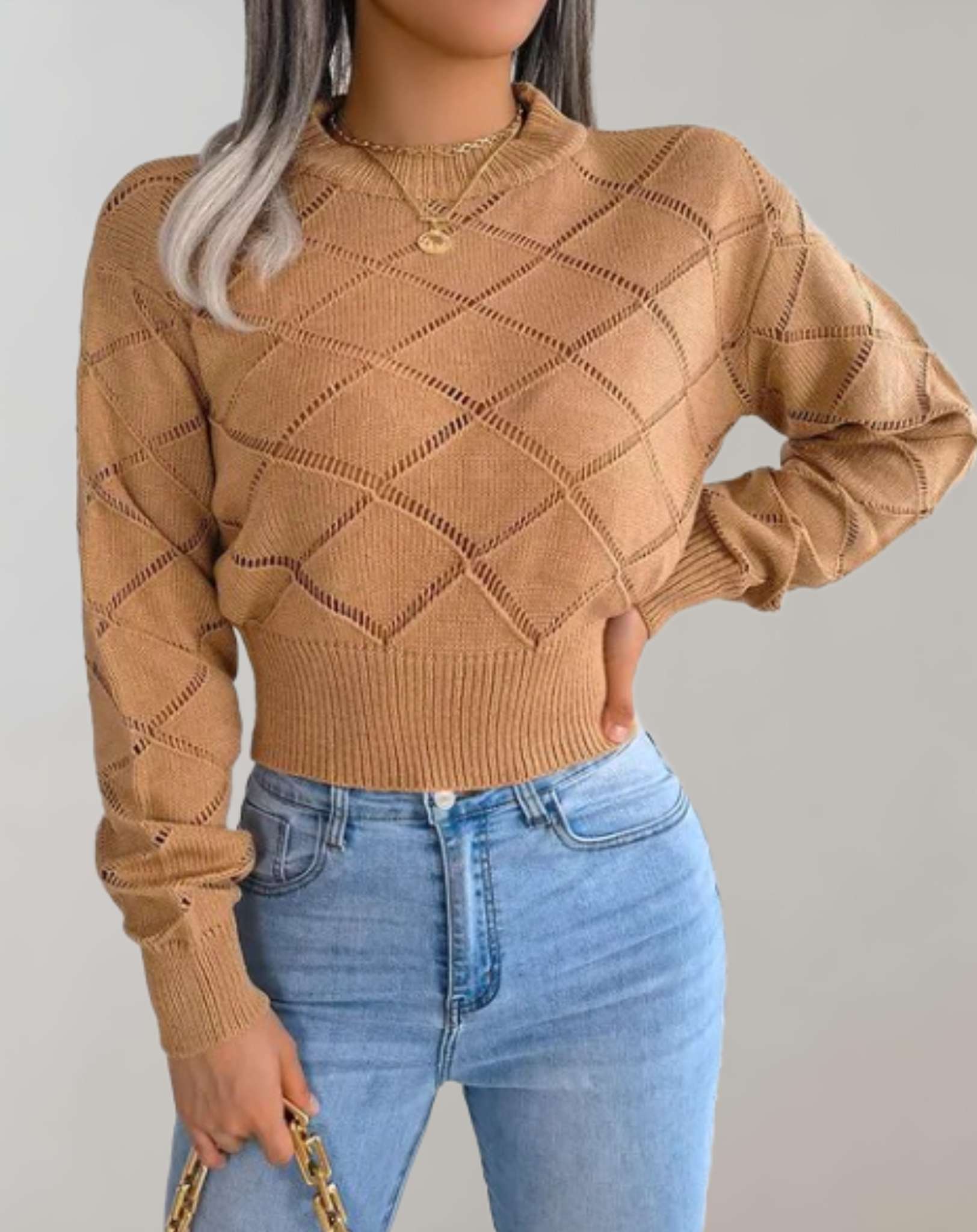 Zaina - Kurz geschnittene Strickpullover mit Rundhalsausschnitt und Hohlmuster Sweater